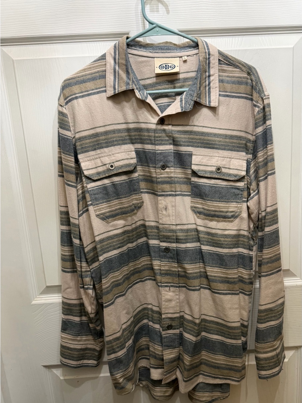 Outdoor Gear Women’s Large 100% Cotton Flannel Shirt Blue Sage Cream Stripe NWOT